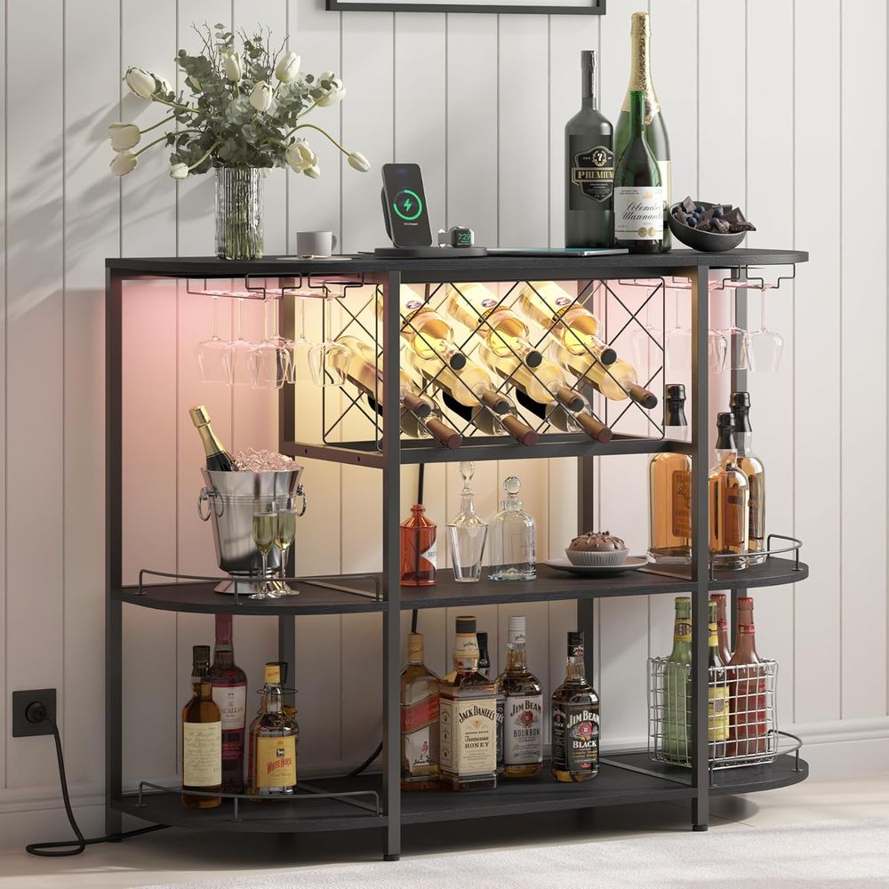 Wine & Beer Shop - 黒色の3段コーヒーテーブル、ワインラック、電源コンセント、LEDライト付き、ホームバーやキッチン収納に最適