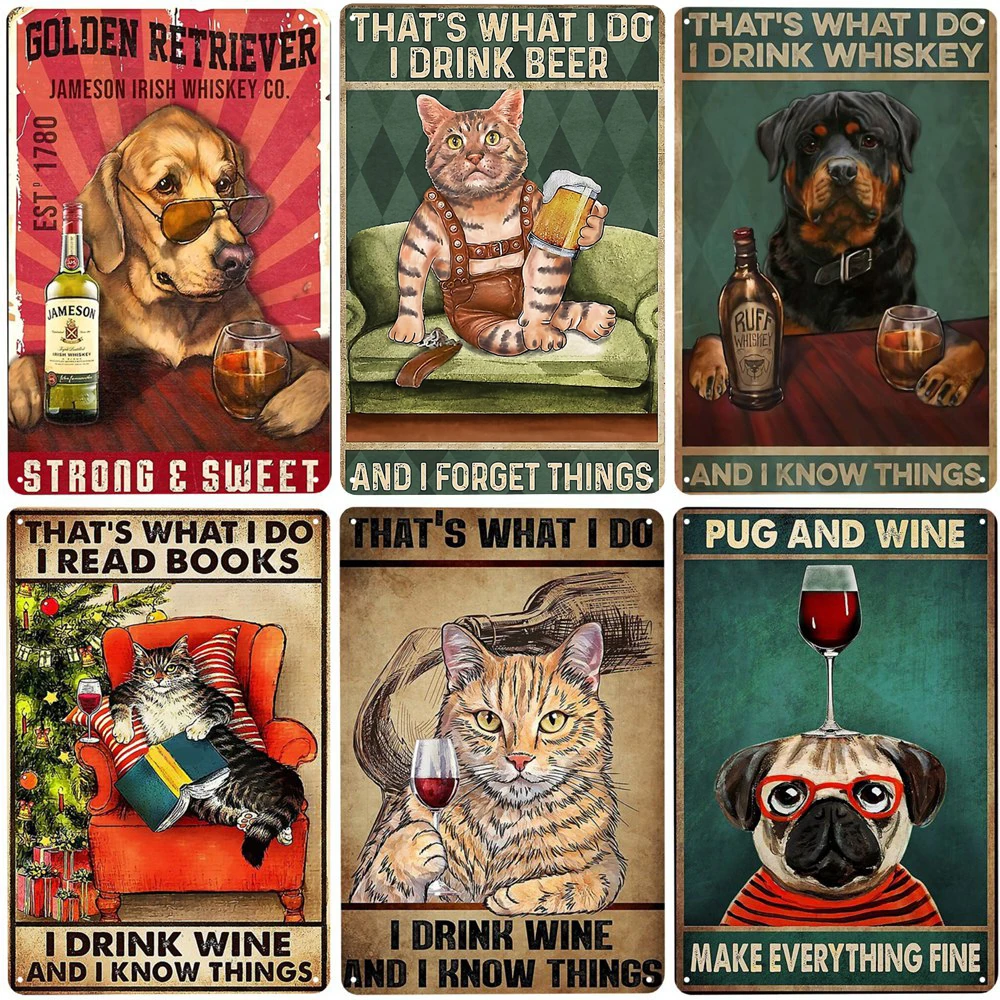 Beer Wine Gin - 猫とワインのヴィンテージメタルサイン、犬とビールの壁飾り、バー、自宅、クラブ用、レット・イブニング・ビー・ギンのブリキポスター、面白いプレートN46