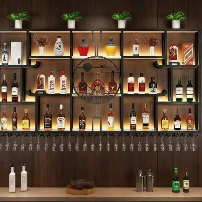 Wine & Beer Shop - 工業用錬鉄製壁掛けワインラック バーシェルフ 赤ワインディスプレイキャビネット 照明付きホームデコレーション収納オーガナイザー