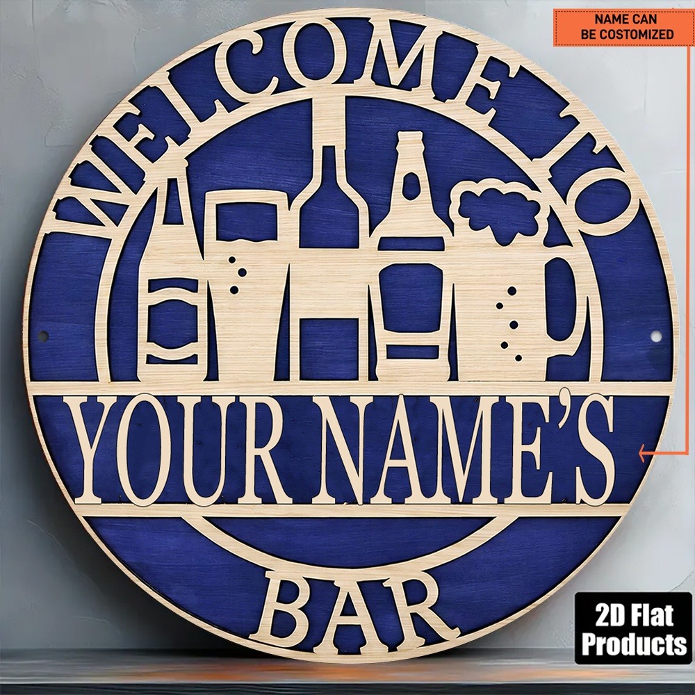 Wine With Beer Name - [2Dフラット] 1個 カスタムネーム入り中空カットアウト木製丸棒サイン ワインビールボトルグラス壁飾り (装飾用のみ)