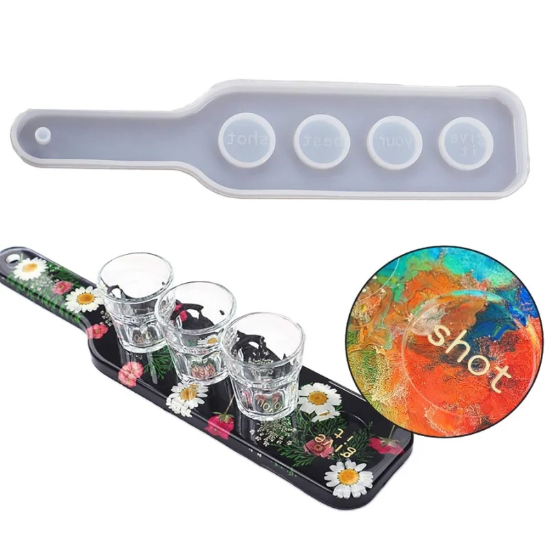 Wine Beer Tasting - ショットグラスサービングトレイ DIY エポキシ樹脂アートシリコン鋳造モールド、4 穴ボードビールフライトパドルホルダーワインウイスキーテイスティング