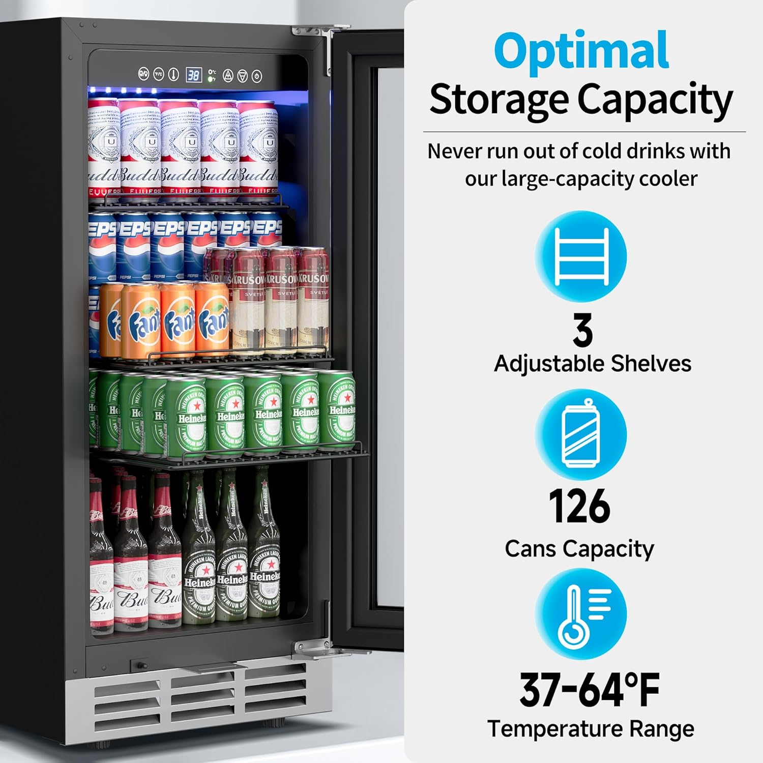 Wine And Beer Undercounter Fridge - 15インチアンダーカウンター飲料冷蔵庫、126缶収納、ガラス扉付きビール・ワイン・ソーダ用冷蔵庫、カスタマイズ可能