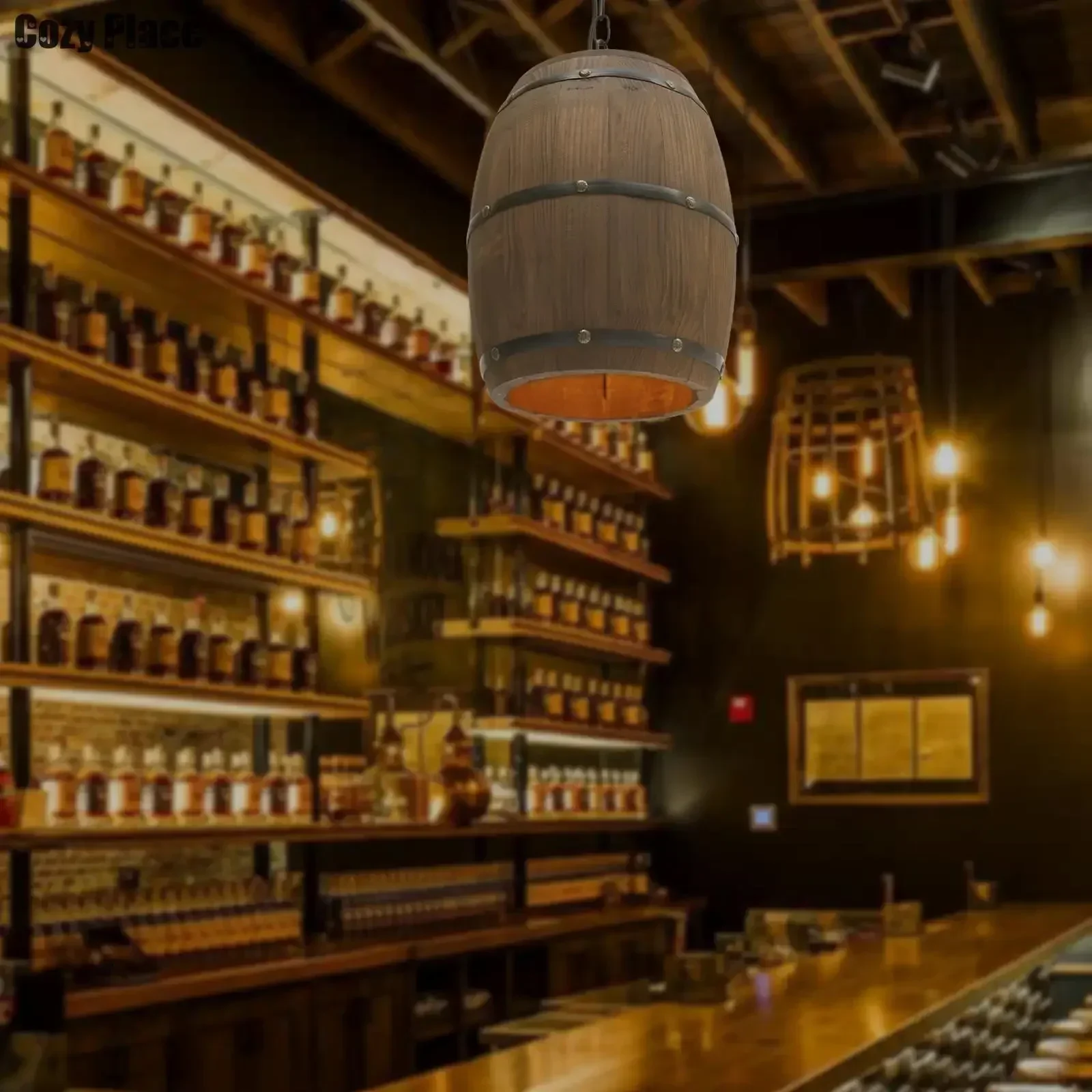 Wine & Beer Shop - 素朴なランプヴィンテージシャンデリア木製ペンダントライトワイン樽吊り下げランプ家の装飾リビングルームバーカフェ照明E26