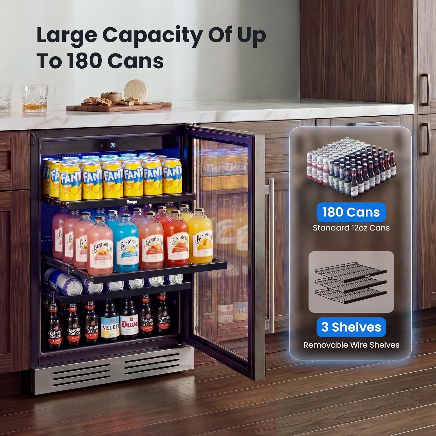 24インチ飲料用冷蔵庫 180缶収納 ガラス扉 34–54  - Wine And Beer Undercounter Fridge のレビューと価格